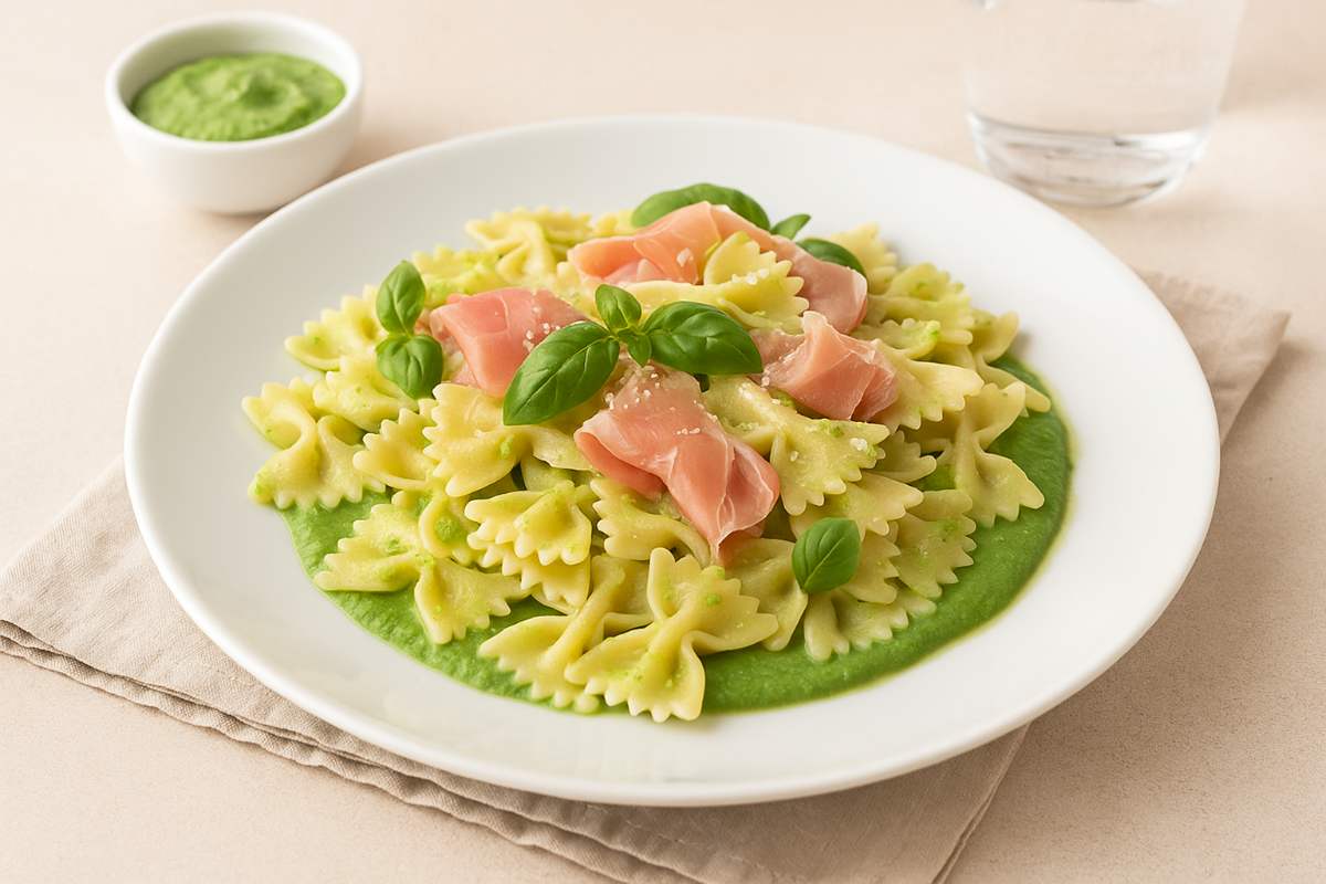 Farfalle con crema di piselli e prosciutto crudo: come si prepara?