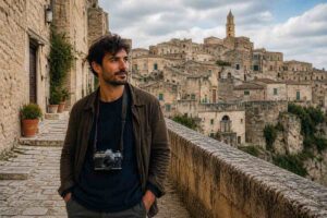 ragazzo con fotocamera e borgo antico