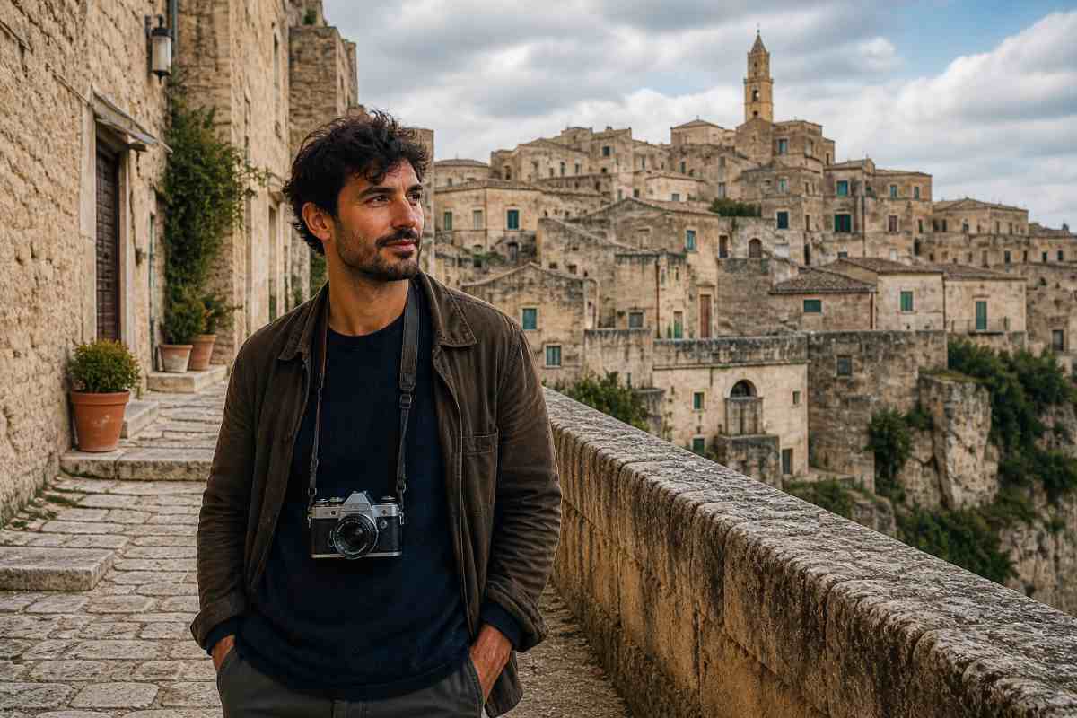 ragazzo con fotocamera e borgo antico