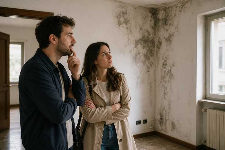 coppia visita casa con aloni di muffa alle pareti